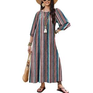 Ekouaer Moo Moos for Women 3/4 Sleeve Long Nightgowns House Dresses with Pocket S-3XL(Tie-dye Stripes)
