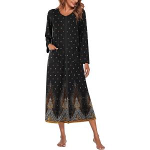 Ekouaer Women Long House Coat Zipper Front Robes Full Length Nightgowns with Pockets Striped Loungewear S-4XL(Black Feather)