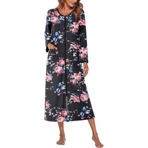 Ekouaer Women Long House Coat Zipper Front Robes Full Length Nightgowns with Pockets Striped Loungewear S-4XL(Black Floral)