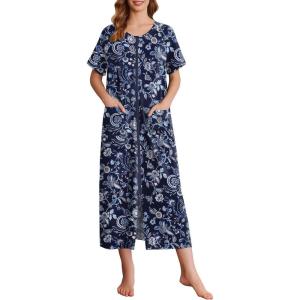 Ekouaer Women Long House Coat Zipper Front Robes Full Length Nightgowns with Pockets Striped Loungewear S-4XL(Dark Blue Flower)