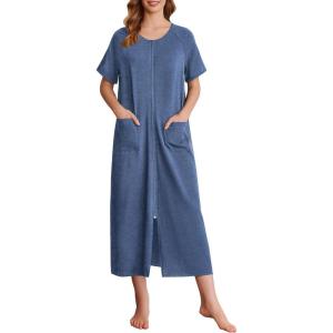 Ekouaer Women Long House Coat Zipper Front Robes Full Length Nightgowns with Pockets Striped Loungewear S-4XL(Egyptian)