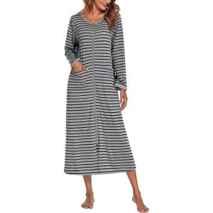 Ekouaer Women Long House Coat Zipper Front Robes Full Length Nightgowns with Pockets Striped Loungewear S-4XL(Light Grey Stripes)