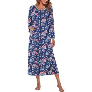 Ekouaer Women Long House Coat Zipper Front Robes Full Length Nightgowns with Pockets Striped Loungewear S-4XL(Navy Blue Floral)