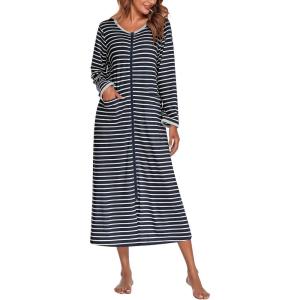 Ekouaer Women Long House Coat Zipper Front Robes Full Length Nightgowns with Pockets Striped Loungewear S-4XL(Navy Blue Stripes)