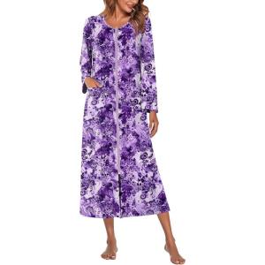 Ekouaer Women Long House Coat Zipper Front Robes Full Length Nightgowns with Pockets Striped Loungewear S-4XL(Purple Floral)