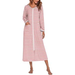 Ekouaer Women Long House Coat Zipper Front Robes Full Length Nightgowns with Pockets Striped Loungewear S-4XL(Red and White Stripes)