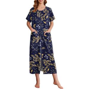 Ekouaer Women Long House Coat Zipper Front Robes Full Length Nightgowns with Pockets Striped Loungewear S-4XL(Yellow Leaves)
