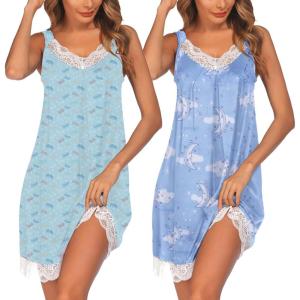 Ekouaer Womens Nightgown 2 Pack Nightgown V Neck Lace Sleepwear Sleeveless Chemise Women’s nightgowns & sleepshirts S-XXL(Butterfly+blue Moon Print)