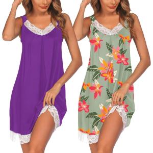 Ekouaer Womens Nightgown 2 Pack Nightgown V Neck Lace Sleepwear Sleeveless Chemise Women’s nightgowns & sleepshirts S-XXL(Deep Purple+greenflower)