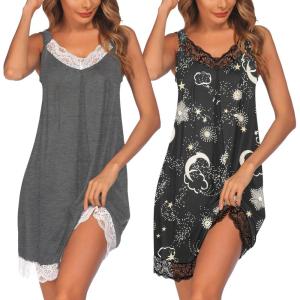 Ekouaer Womens Nightgown 2 Pack Nightgown V Neck Lace Sleepwear Sleeveless Chemise Women’s nightgowns & sleepshirts S-XXL(Mid Grey+black Star)