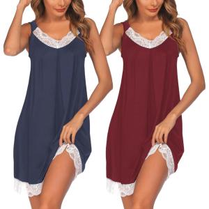 Ekouaer Womens Nightgown 2 Pack Nightgown V Neck Lace Sleepwear Sleeveless Chemise Women’s nightgowns & sleepshirts S-XXL(Navy Blue+wine Red)