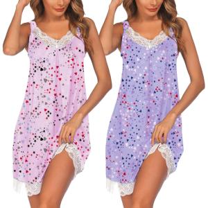 Ekouaer Womens Nightgown 2 Pack Nightgown V Neck Lace Sleepwear Sleeveless Chemise Women’s nightgowns & sleepshirts S-XXL(Purple+pink Heart)