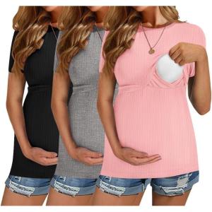 Ekouaer Womens Nursing Tops 3 Pack Short Sleeve Ribbed Breastfeeding Shirts Double Layer Maternity Shirt Pregnancy Clothes(Black/Grey/Light Pink)