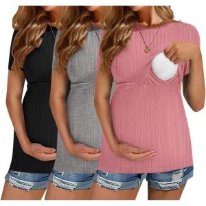 Ekouaer Womens Nursing Tops 3 Pack Short Sleeve Ribbed Breastfeeding Shirts Double Layer Maternity Shirt Pregnancy Clothes(Black/Grey/Pink)
