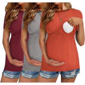 Ekouaer Womens Nursing Tops 3 Pack Short Sleeve Ribbed Breastfeeding Shirts Double Layer Maternity Shirt Pregnancy Clothes(Caramel/Grey/Wine Red)