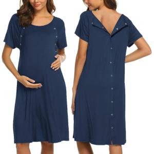 Ekouaer Women’s Nursing/Delivery/Labor/Hospital Nightdress Short Sleeve Maternity Nightgown with Button S-XXL(1 Navy Blue)