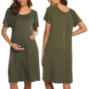 Ekouaer Women’s Nursing/Delivery/Labor/Hospital Nightdress Short Sleeve Maternity Nightgown with Button S-XXL(Army Green)