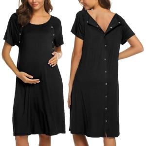 Ekouaer Women’s Nursing/Delivery/Labor/Hospital Nightdress Short Sleeve Maternity Nightgown with Button S-XXL(Black)