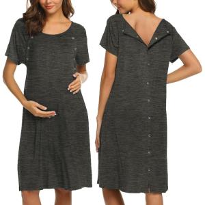 Ekouaer Women’s Nursing/Delivery/Labor/Hospital Nightdress Short Sleeve Maternity Nightgown with Button S-XXL(Dark Grey)