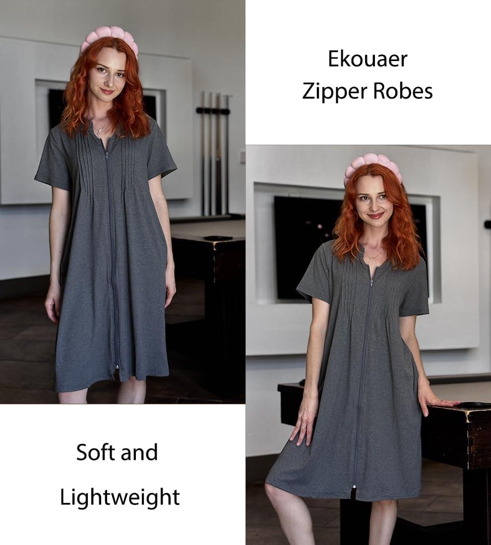 imageEKOUAER Women Zipper Robes Short Bathrobe Lightweight Mumu Duster House Coat with Pockets Soft Moo Moo NightgownDark Grey