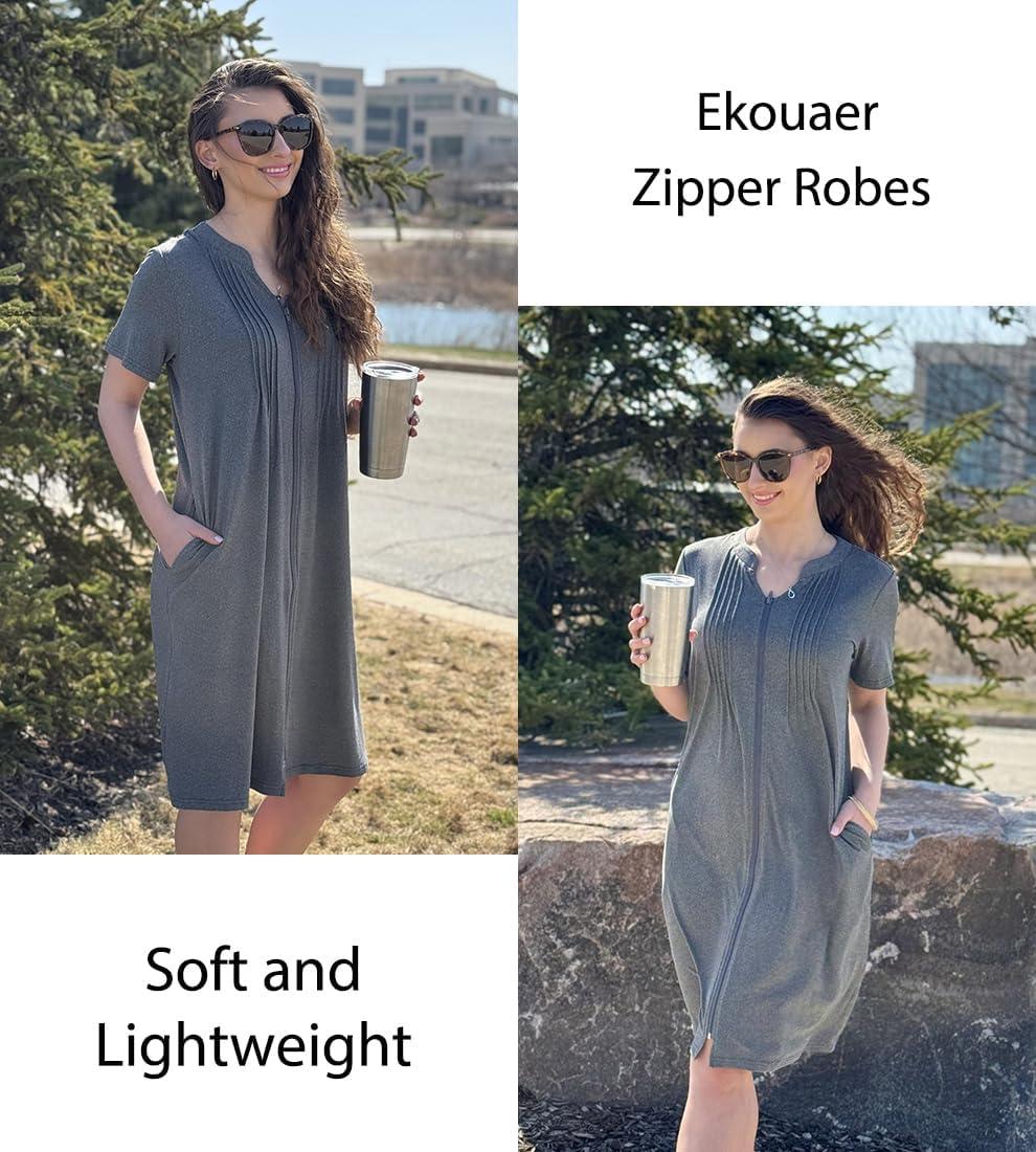 imageEKOUAER Women Zipper Robes Short Bathrobe Lightweight Mumu Duster House Coat with Pockets Soft Moo Moo NightgownDark Grey