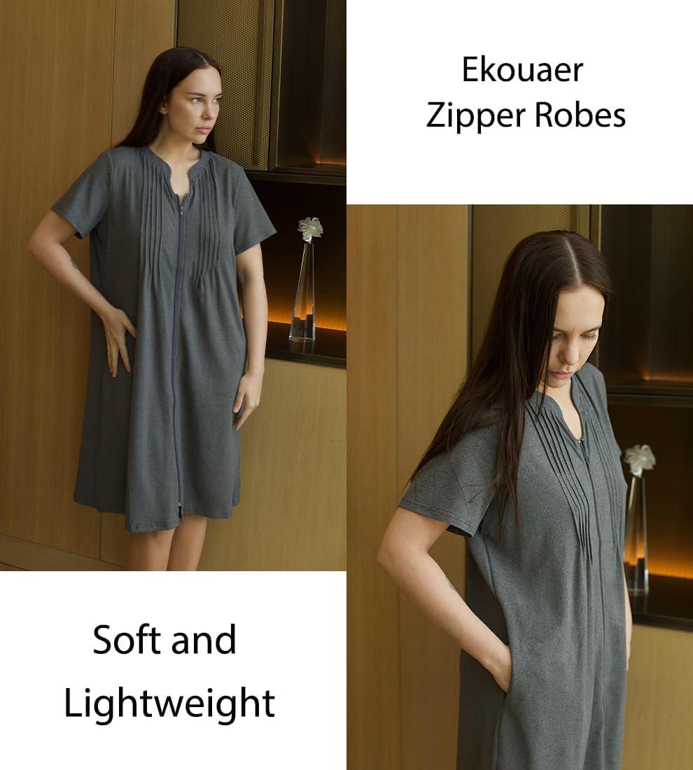 imageEKOUAER Women Zipper Robes Short Bathrobe Lightweight Mumu Duster House Coat with Pockets Soft Moo Moo NightgownDark Grey