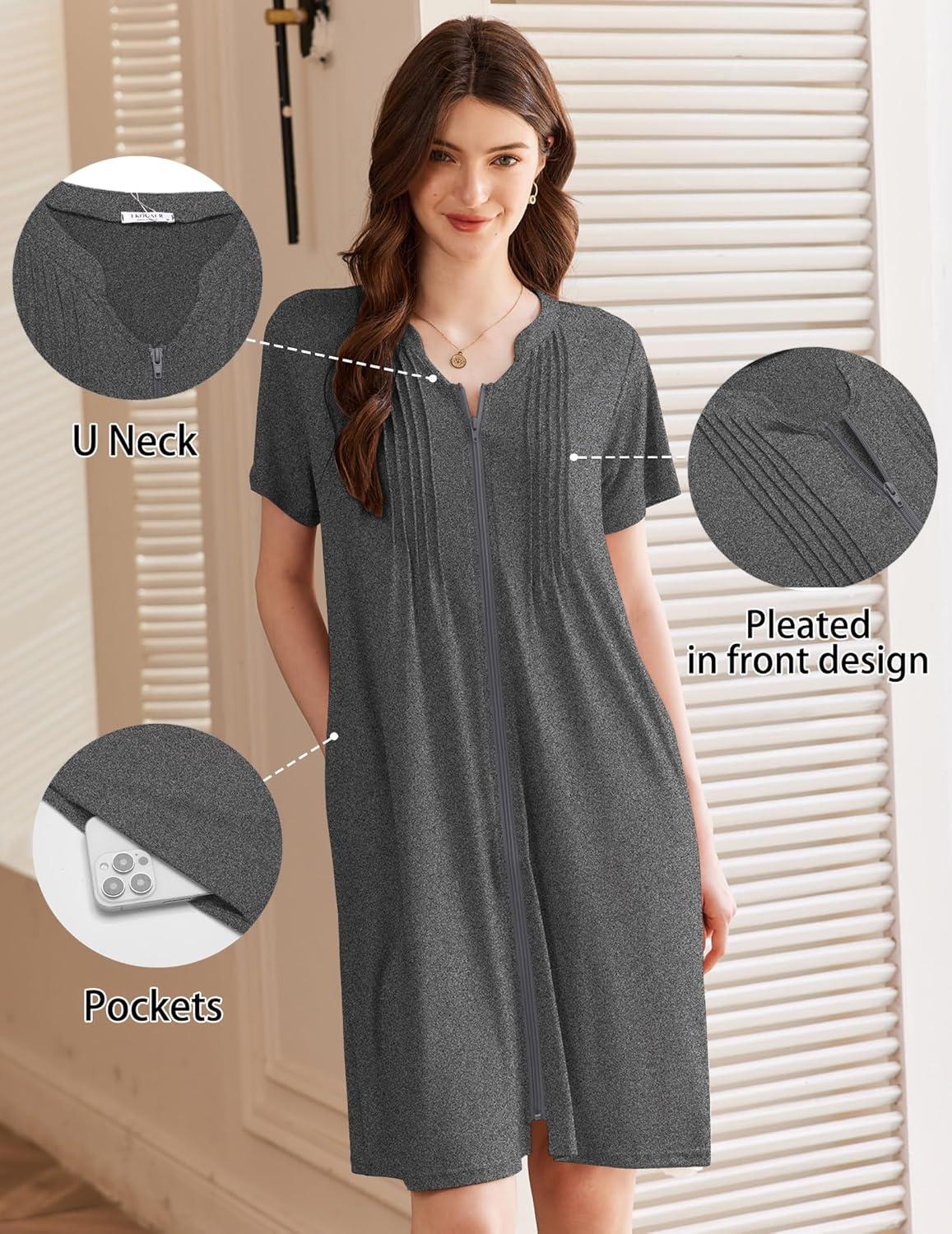 imageEKOUAER Women Zipper Robes Short Bathrobe Lightweight Mumu Duster House Coat with Pockets Soft Moo Moo NightgownDark Grey