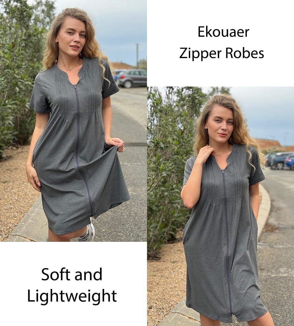 imageEKOUAER Women Zipper Robes Short Bathrobe Lightweight Mumu Duster House Coat with Pockets Soft Moo Moo NightgownDark Grey