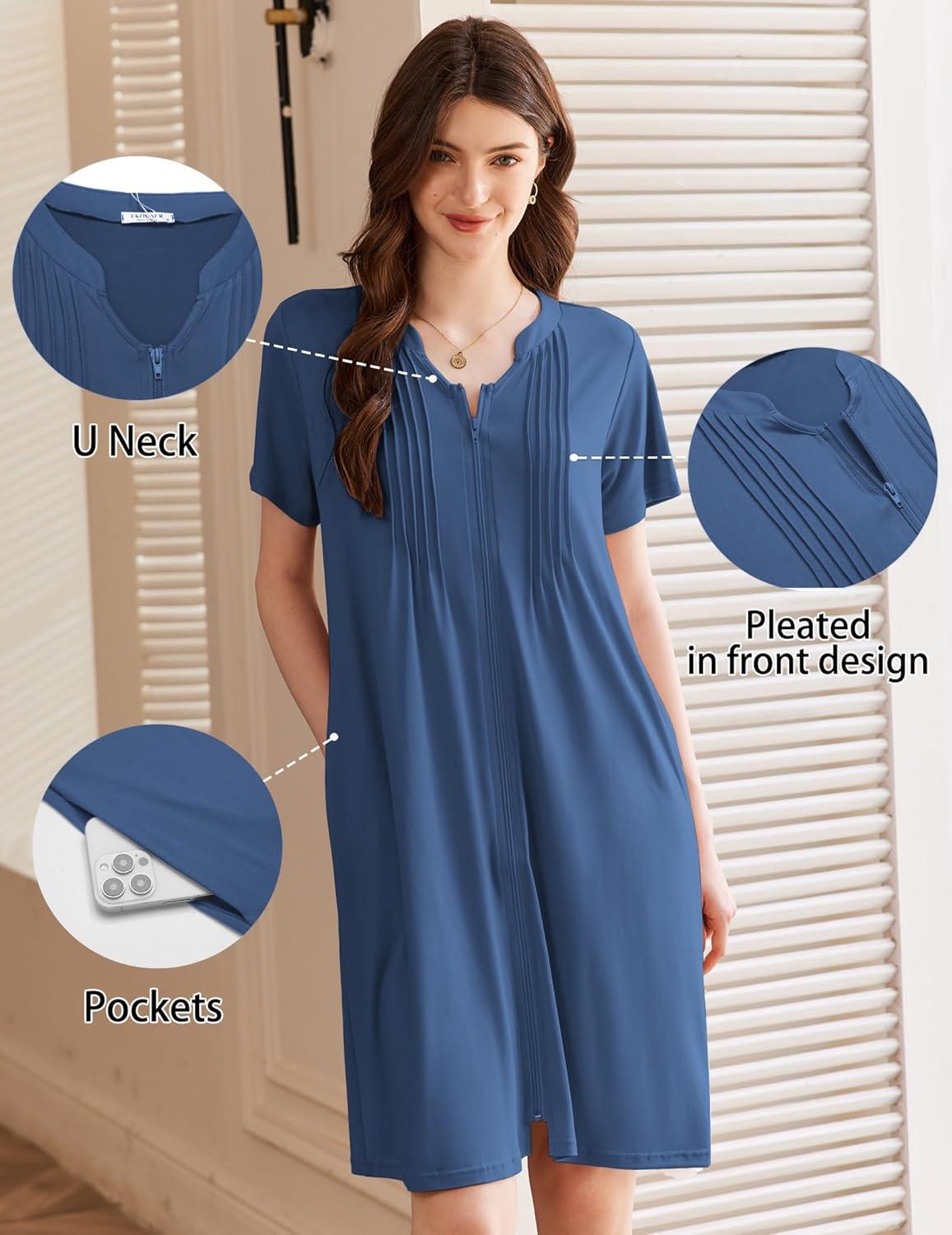 imageEKOUAER Women Zipper Robes Short Bathrobe Lightweight Mumu Duster House Coat with Pockets Soft Moo Moo NightgownDeep Blue