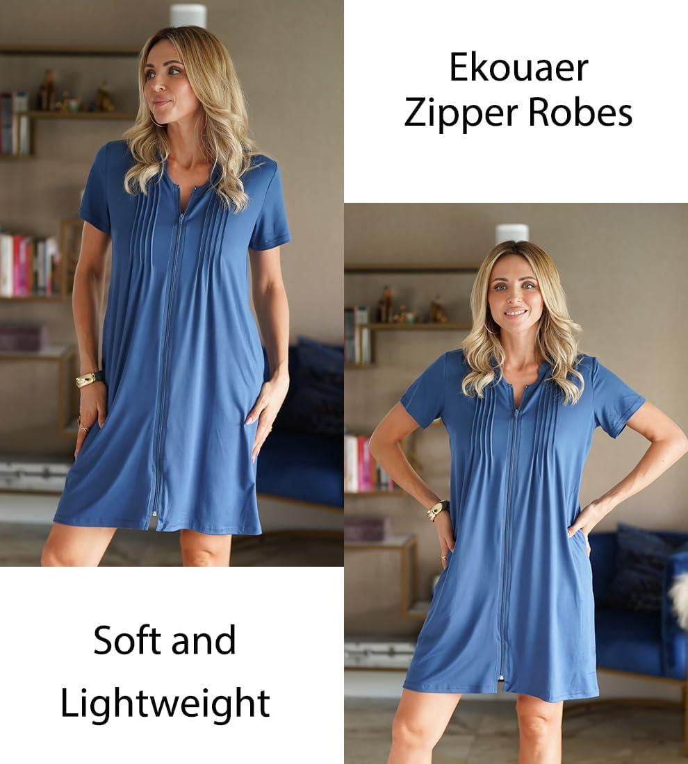 imageEKOUAER Women Zipper Robes Short Bathrobe Lightweight Mumu Duster House Coat with Pockets Soft Moo Moo NightgownDeep Blue
