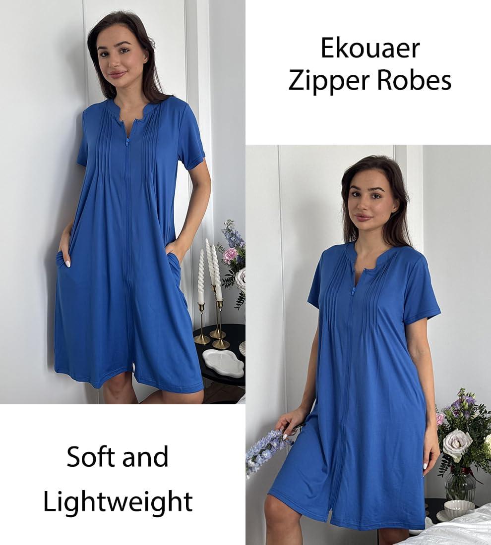 imageEKOUAER Women Zipper Robes Short Bathrobe Lightweight Mumu Duster House Coat with Pockets Soft Moo Moo NightgownDeep Blue