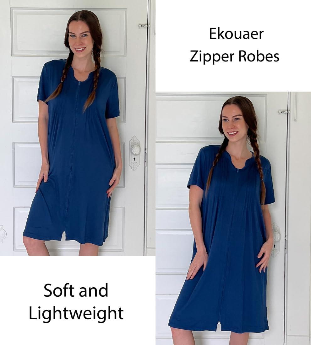imageEKOUAER Women Zipper Robes Short Bathrobe Lightweight Mumu Duster House Coat with Pockets Soft Moo Moo NightgownDeep Blue