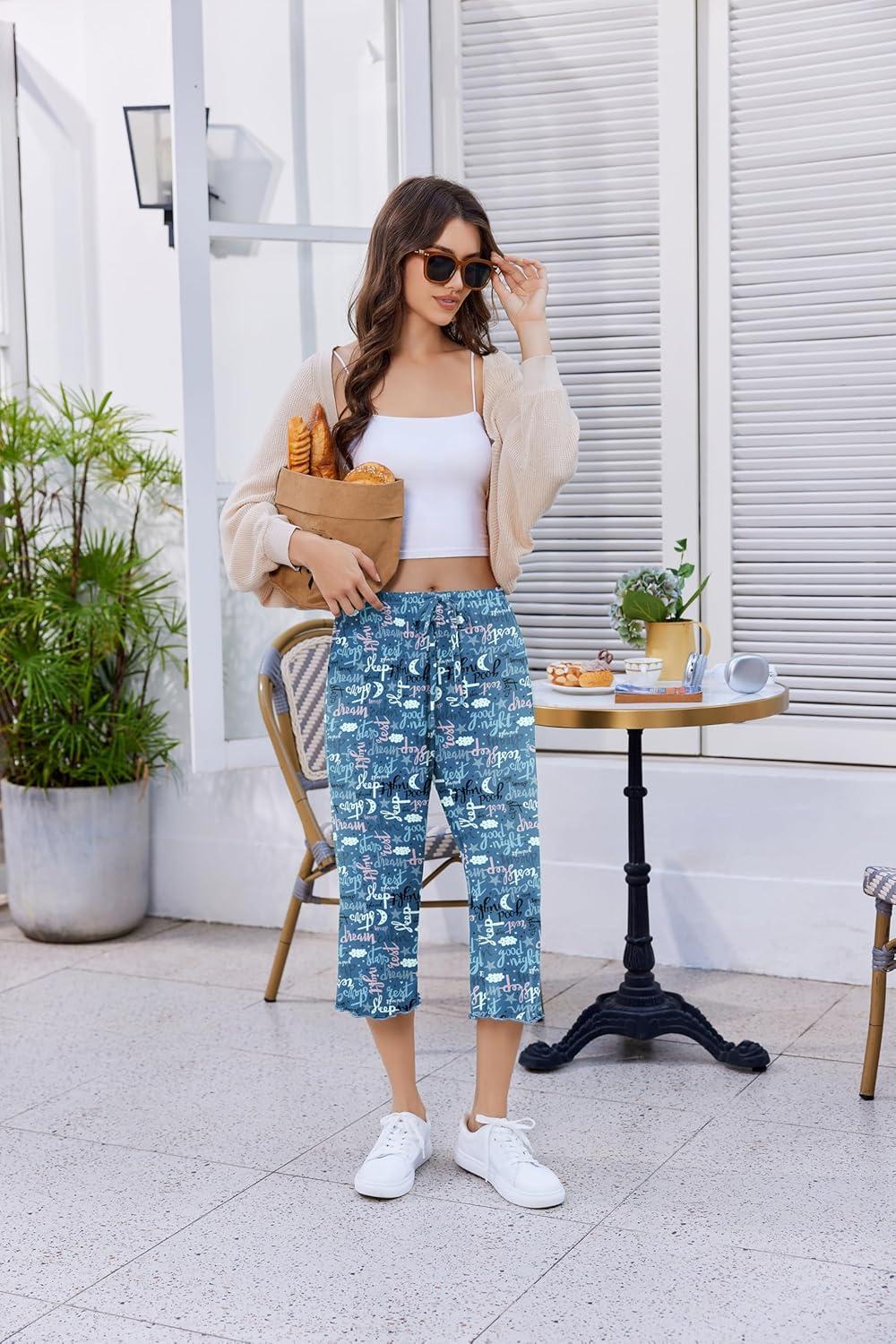 imageEKOUAER Womens Capri Pajama Pants Wide Leg Lounge Sleep Pants Soft Comfy Drawstring Pj Bottoms with PocketsBlue Letter