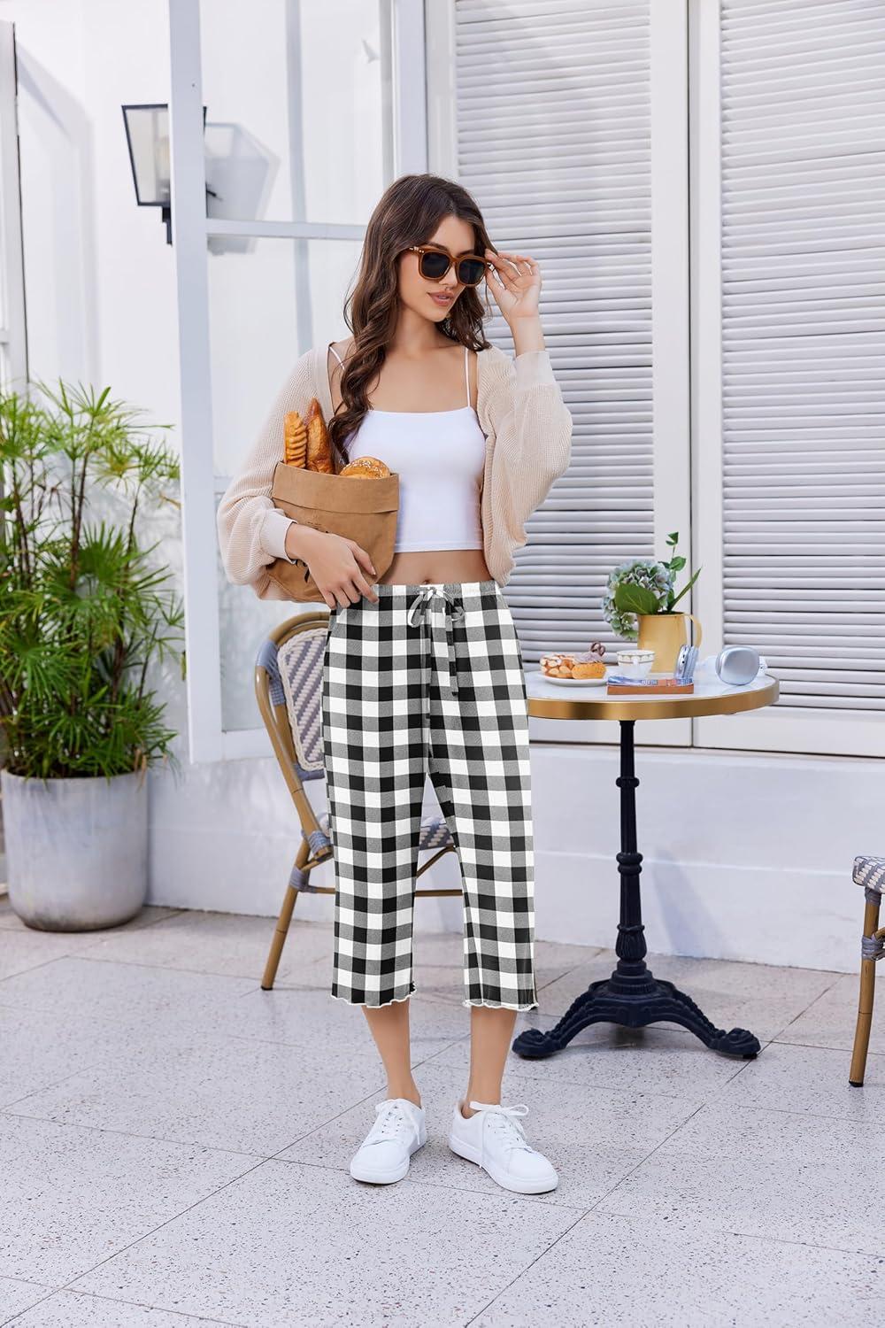 imageEKOUAER Womens Capri Pajama Pants Wide Leg Lounge Sleep Pants Soft Comfy Drawstring Pj Bottoms with PocketsCheckered