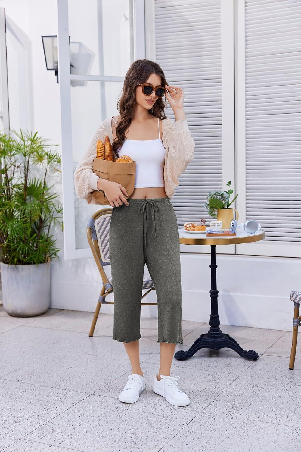 imageEKOUAER Womens Capri Pajama Pants Wide Leg Lounge Sleep Pants Soft Comfy Drawstring Pj Bottoms with PocketsDark Heather Gray
