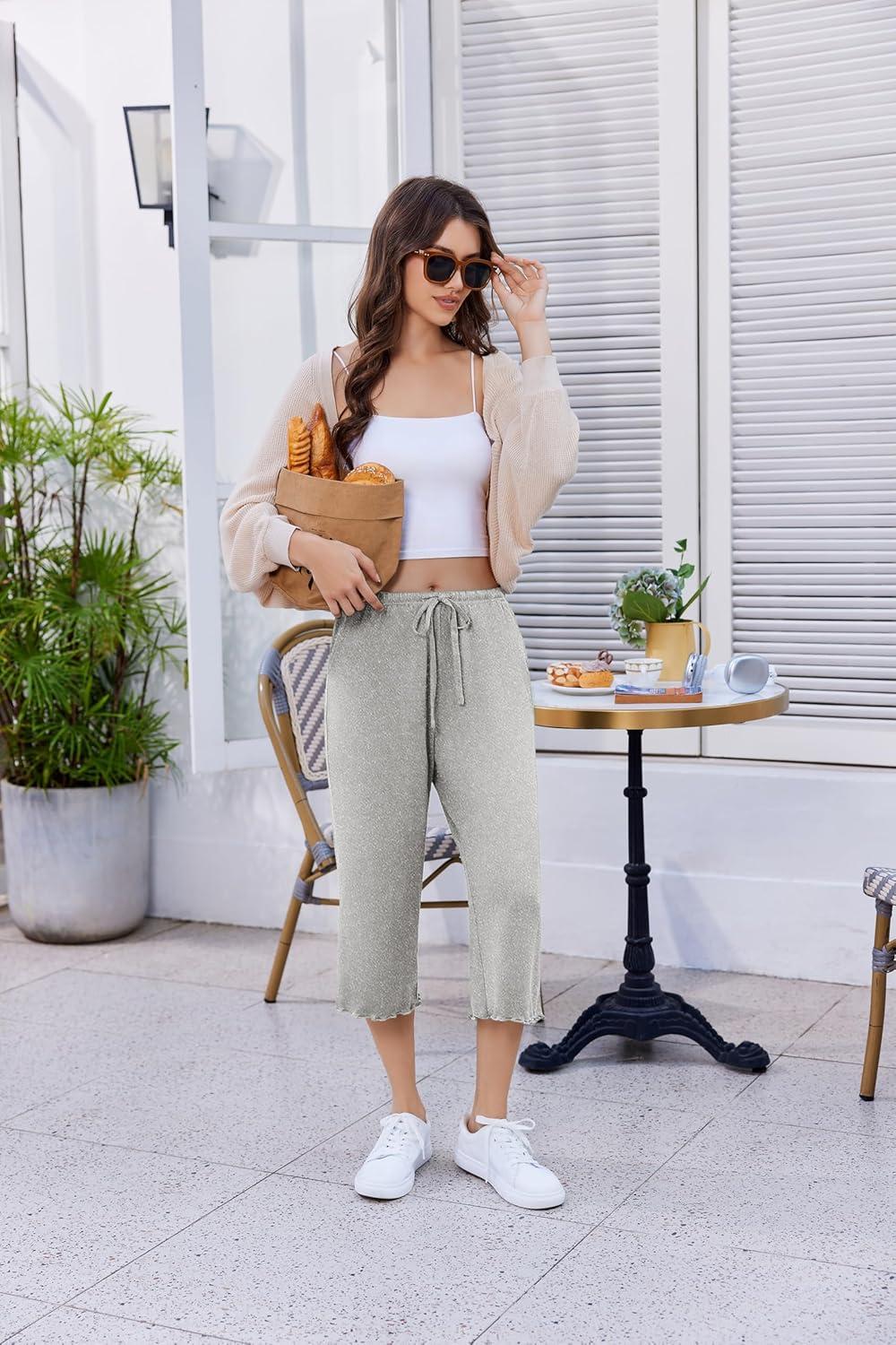 imageEKOUAER Womens Capri Pajama Pants Wide Leg Lounge Sleep Pants Soft Comfy Drawstring Pj Bottoms with PocketsPale Heather Gray