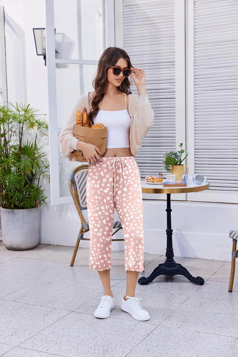 imageEKOUAER Womens Capri Pajama Pants Wide Leg Lounge Sleep Pants Soft Comfy Drawstring Pj Bottoms with PocketsPink Leopard