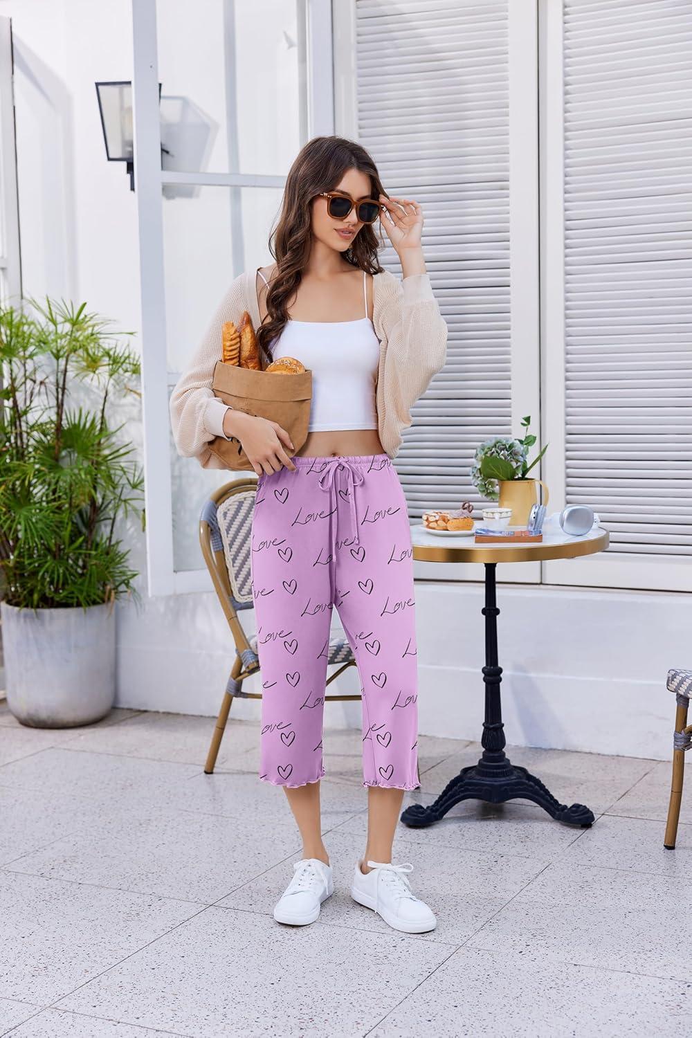 imageEKOUAER Womens Capri Pajama Pants Wide Leg Lounge Sleep Pants Soft Comfy Drawstring Pj Bottoms with PocketsPink Love