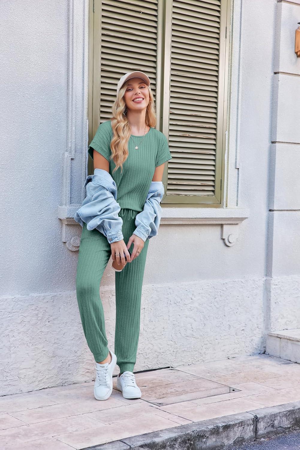 imageEkouaer Jumpsuits for Women Dressy Summer Romper Ribbed Knit Casual Travel Outfits 2026 Vacation Beach ClothesGreen