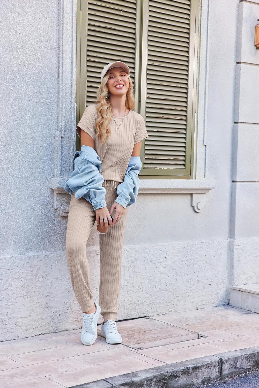 imageEkouaer Jumpsuits for Women Dressy Summer Romper Ribbed Knit Casual Travel Outfits 2026 Vacation Beach ClothesKhaki