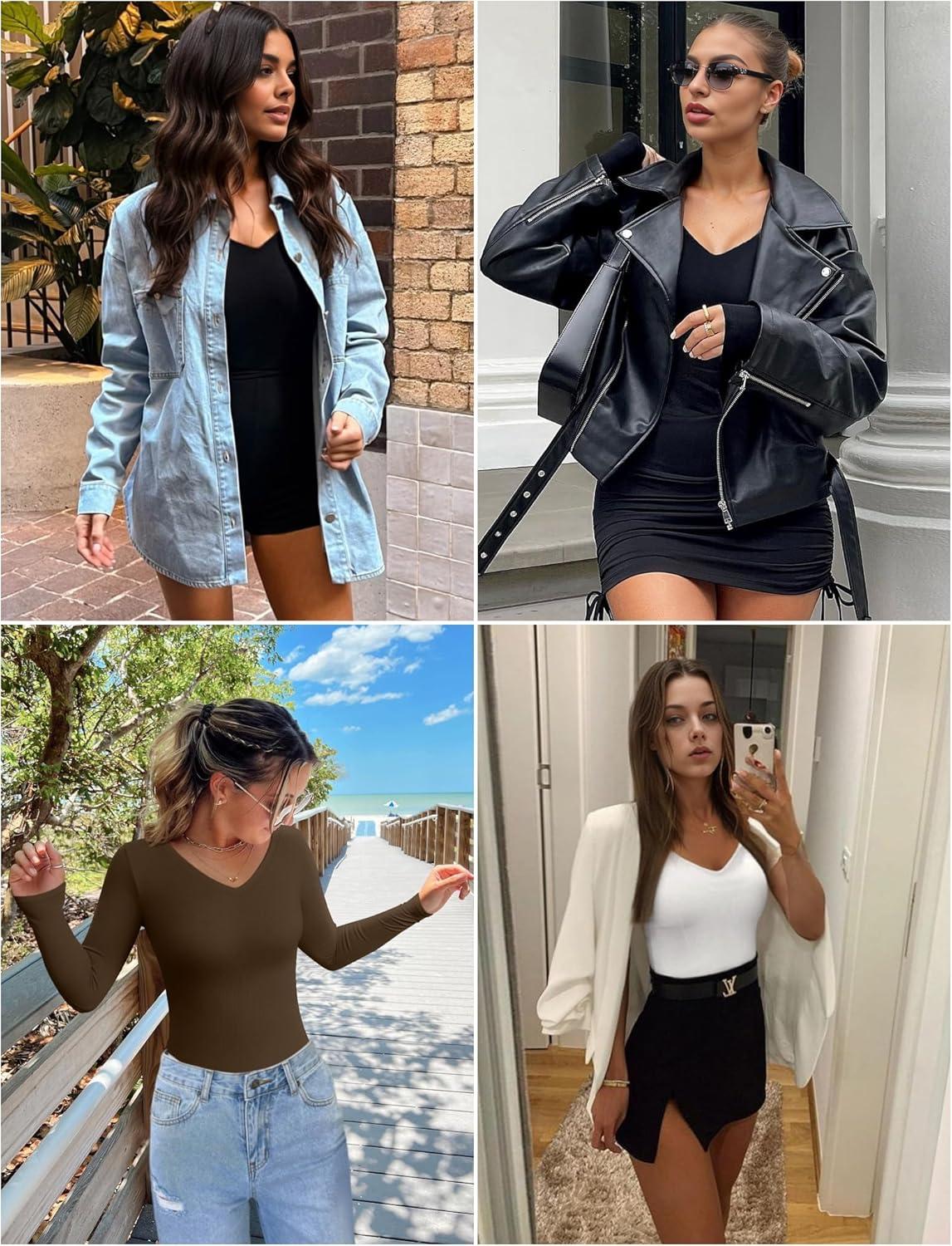 imageEkouaer Long Sleeve Shirts for Women V Neck Basics Tops Lightweight Base Layer Slim Fit Top Thermal UndershirtsWhite
