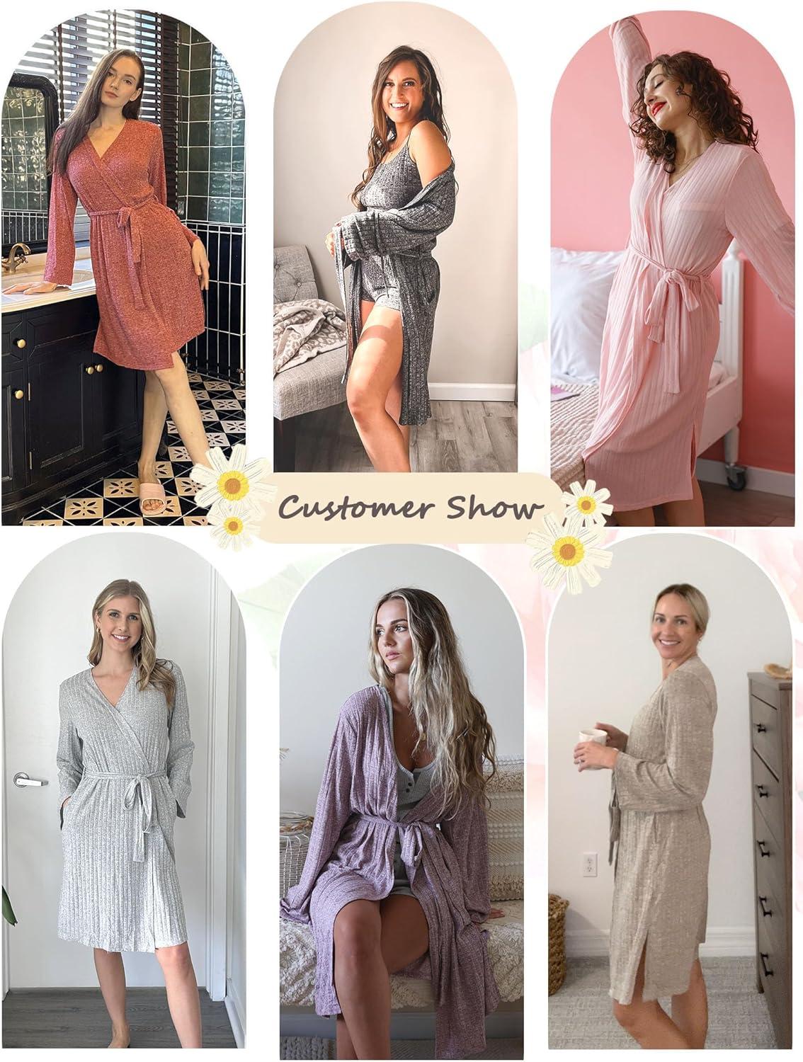 imageEkouaer Robe for Women Ribbed Knit Bathrobe Soft Knee Length Kimono Robes Ladies Sleepwear with Pockets SXXLPink