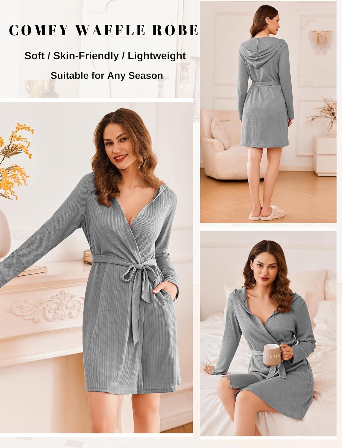 imageEkouaer Robes for Women Waffle Knit Hooded Bathrobe Lightweight Robe Soft Knee Length Sleepwear with PocketsLight Gray