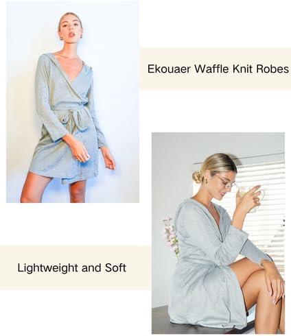 imageEkouaer Robes for Women Waffle Knit Hooded Bathrobe Lightweight Robe Soft Knee Length Sleepwear with PocketsLight Gray