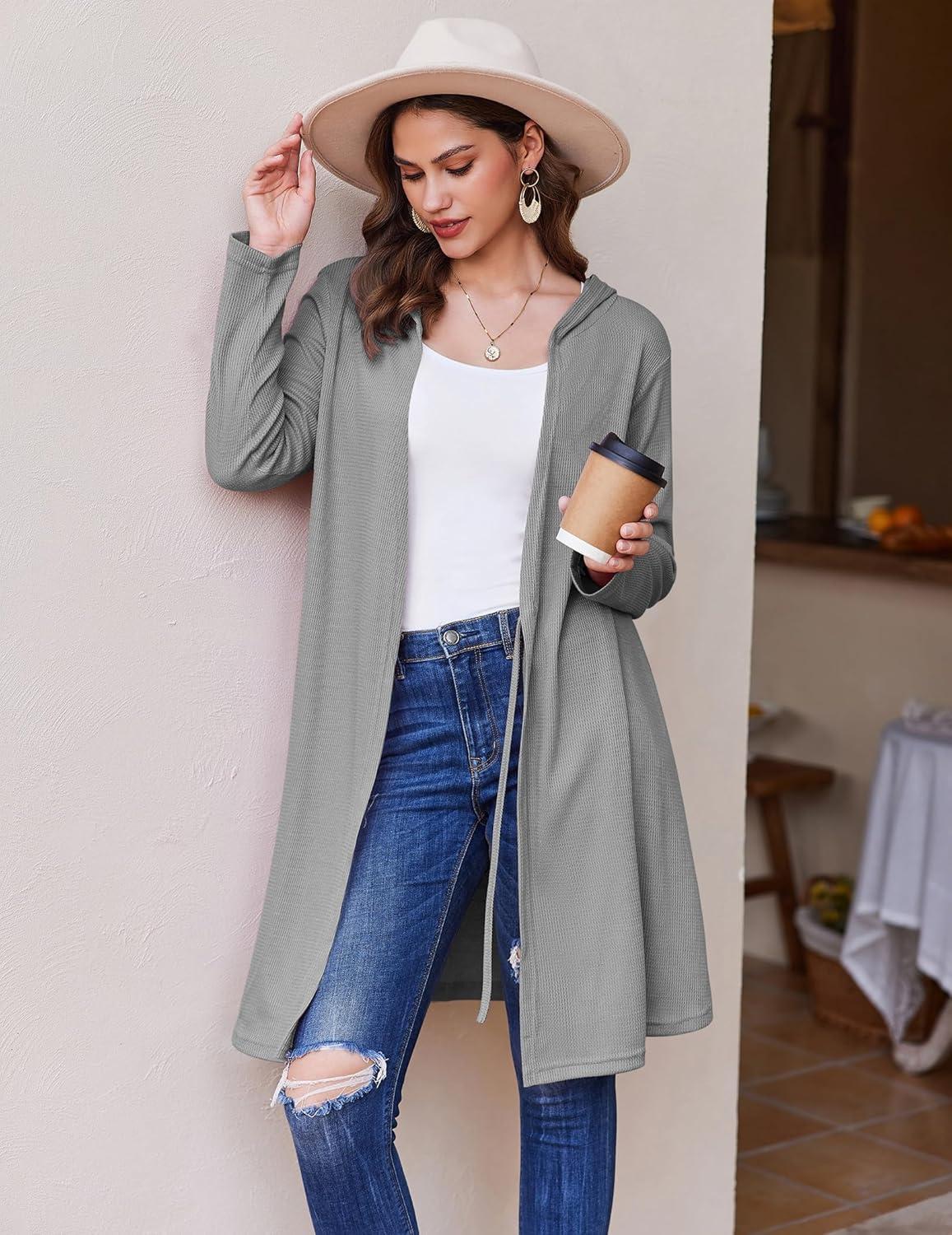 imageEkouaer Robes for Women Waffle Knit Hooded Bathrobe Lightweight Robe Soft Knee Length Sleepwear with PocketsLight Gray