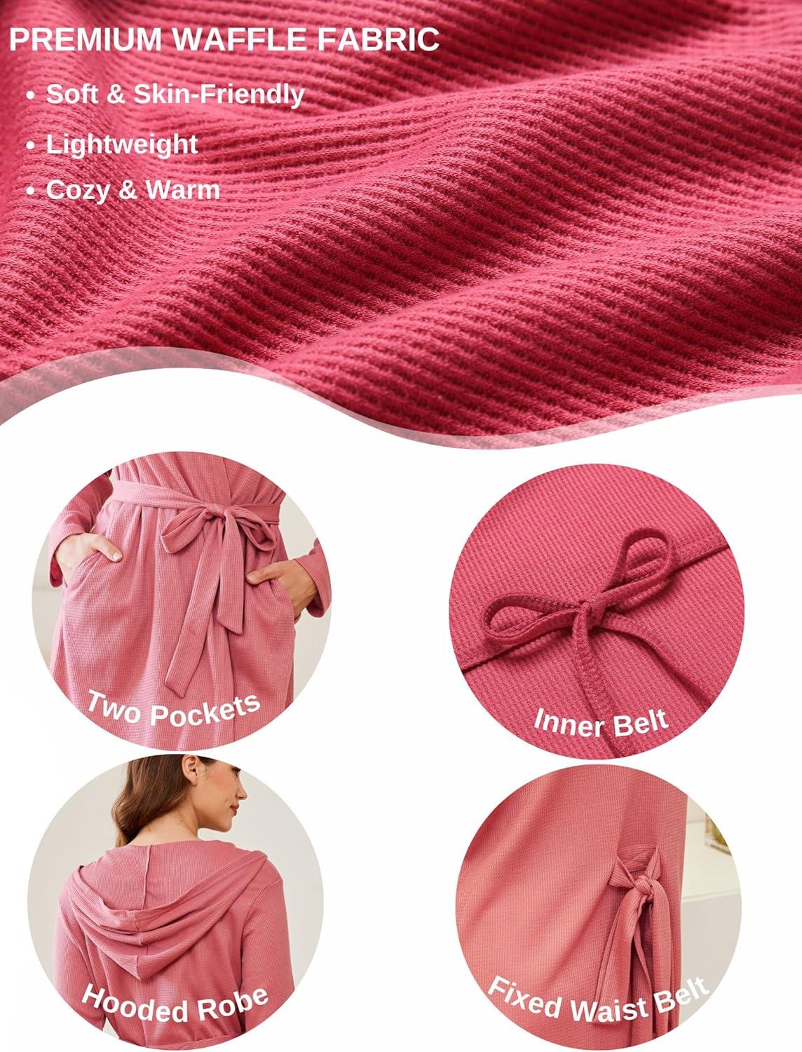 imageEkouaer Robes for Women Waffle Knit Hooded Bathrobe Lightweight Robe Soft Knee Length Sleepwear with PocketsPink