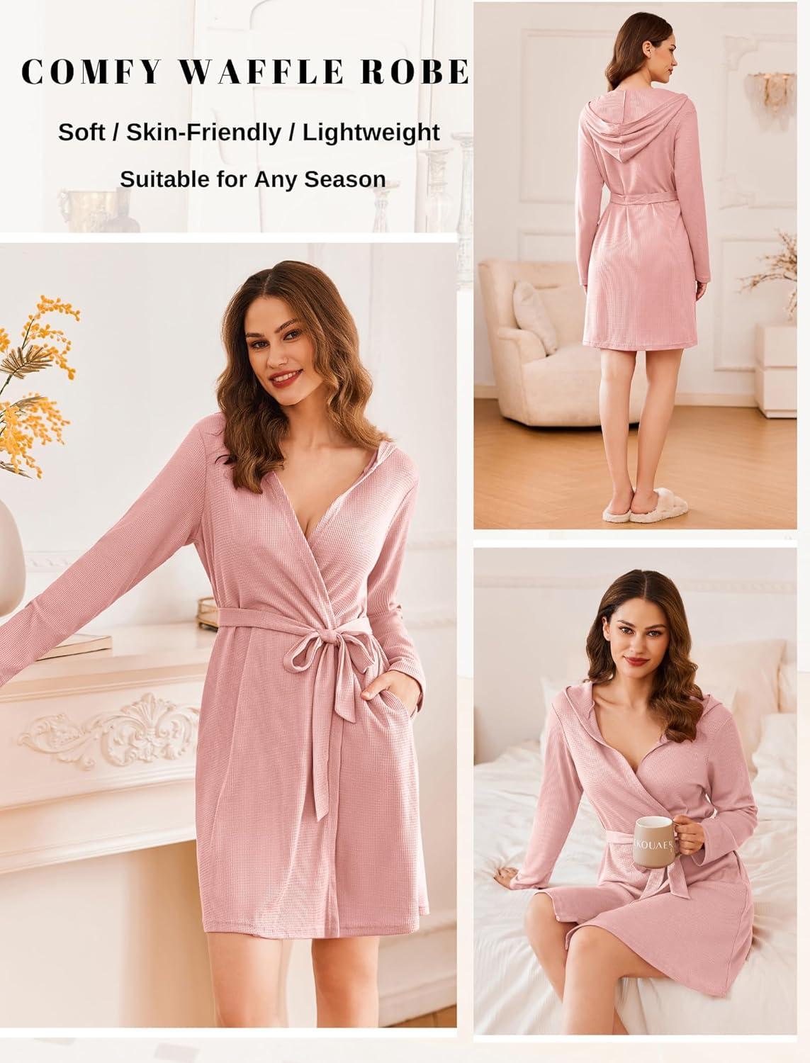 imageEkouaer Robes for Women Waffle Knit Hooded Bathrobe Lightweight Robe Soft Knee Length Sleepwear with PocketsPink