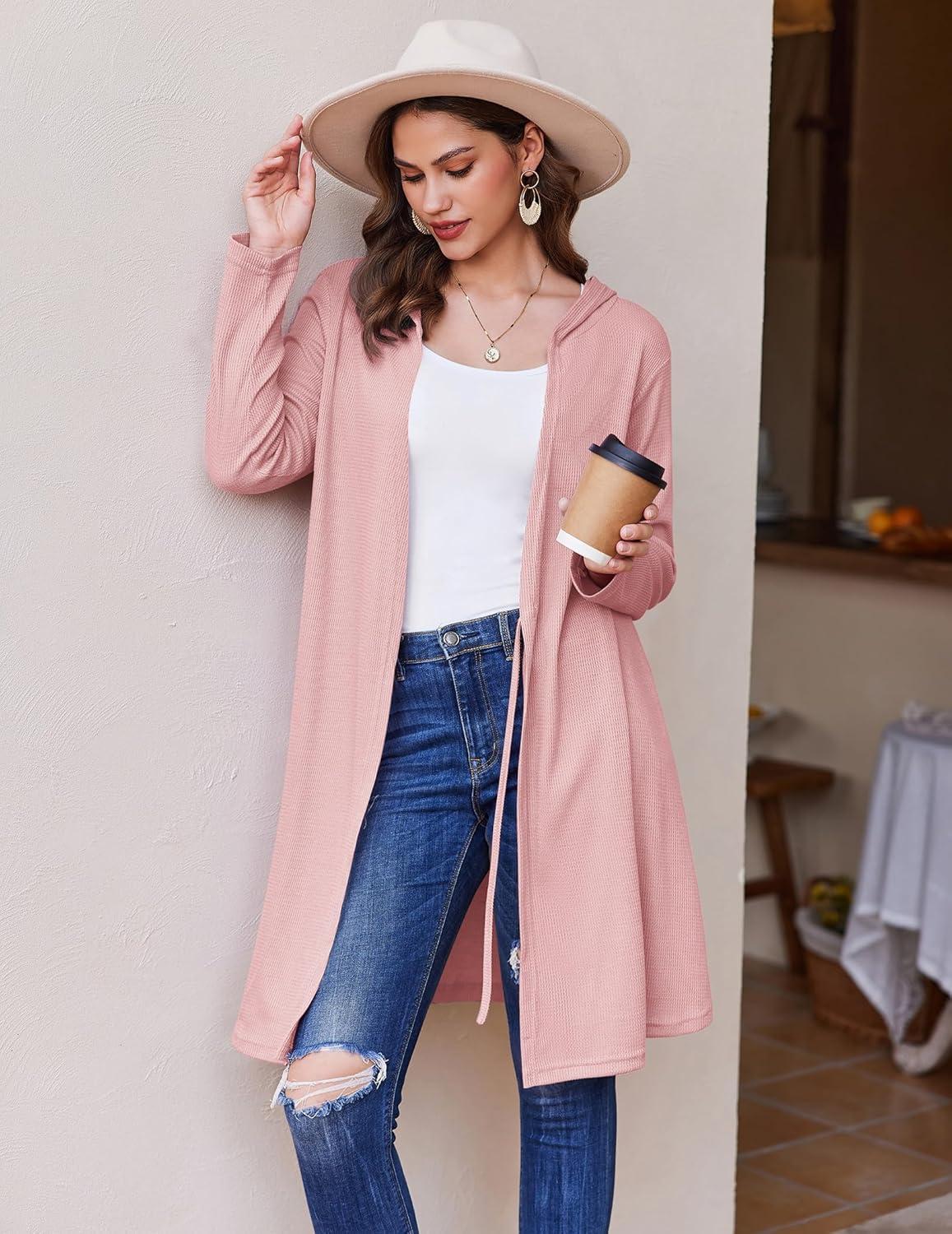 imageEkouaer Robes for Women Waffle Knit Hooded Bathrobe Lightweight Robe Soft Knee Length Sleepwear with PocketsPink