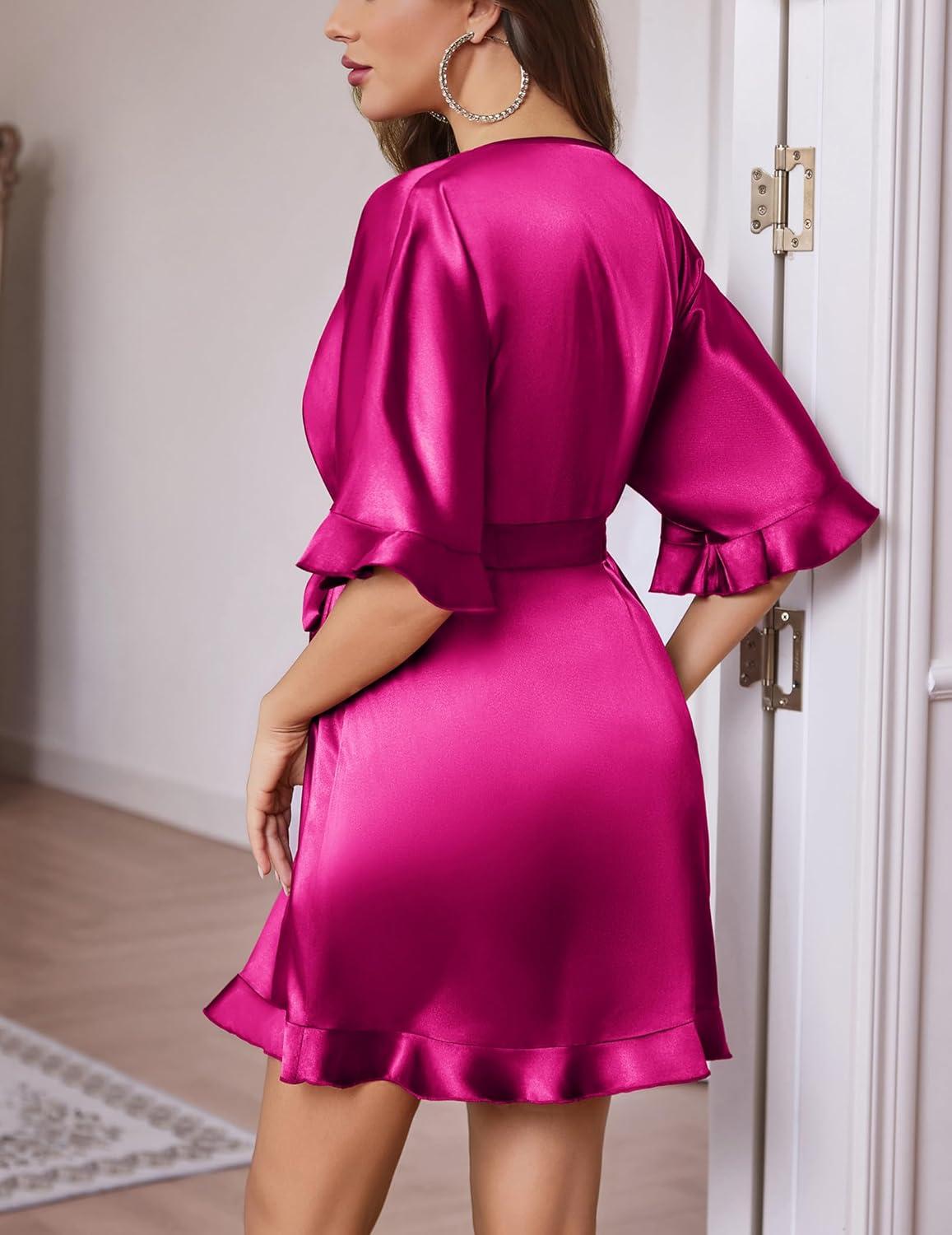 imageEkouaer Silk Robes for Women Short Lightweight Bathrobe Ruffled Satin Kimono Robes Sexy Bride Bridesmaid SleepwearHot Pink