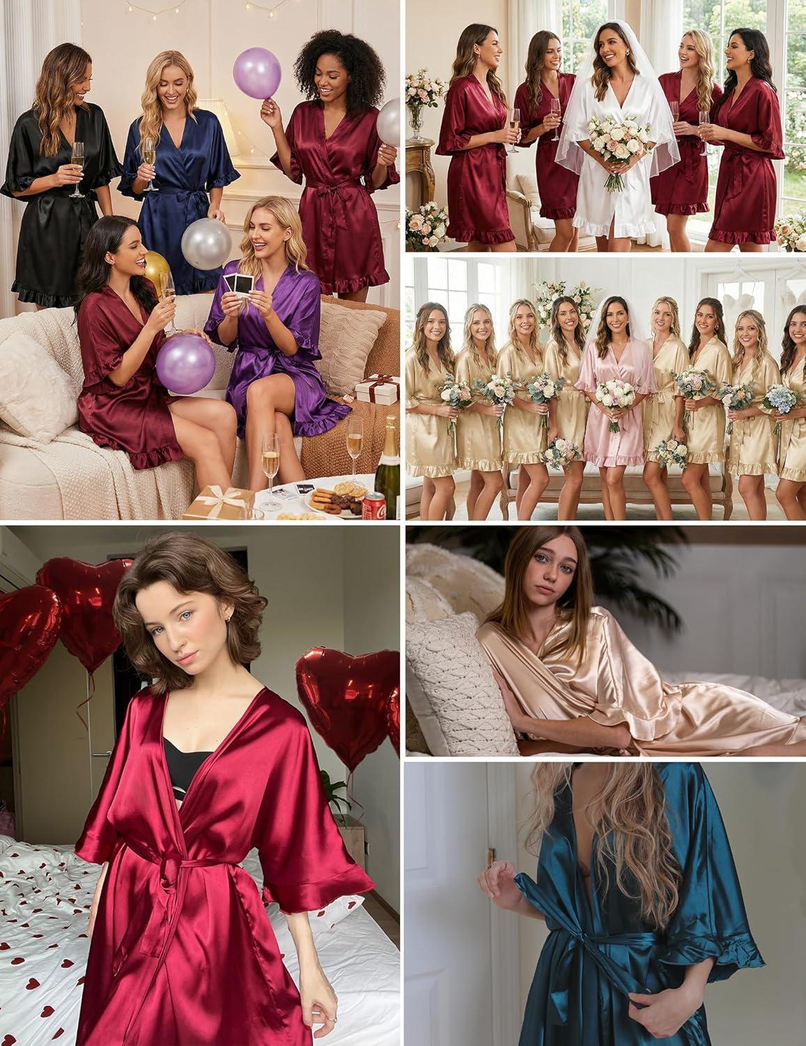 imageEkouaer Silk Robes for Women Short Lightweight Bathrobe Ruffled Satin Kimono Robes Sexy Bride Bridesmaid SleepwearPure White